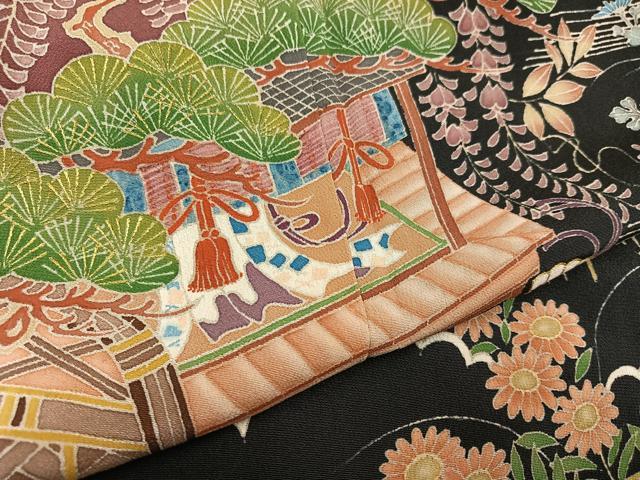 平和屋着物●豪華黒留袖 友禅 刺繍 風景草花文 金彩 正絹 逸品 AABB0432ph