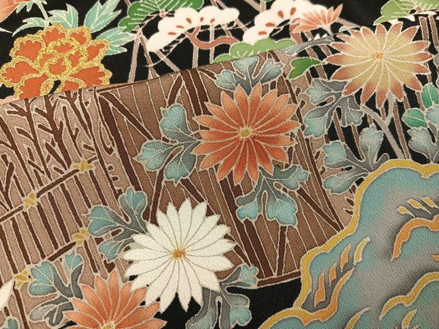 平和屋着物●豪華黒留袖 友禅 刺繍 風景草花文 金彩 正絹 逸品 AABB0432ph