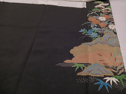平和屋着物●豪華黒留袖 友禅 刺繍 風景草花文 金彩 正絹 逸品 AABB0432ph