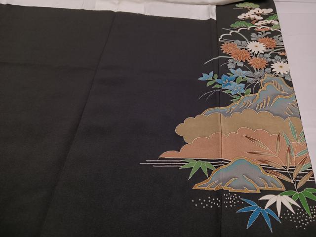 平和屋着物●豪華黒留袖 友禅 刺繍 風景草花文 金彩 正絹 逸品 AABB0432ph