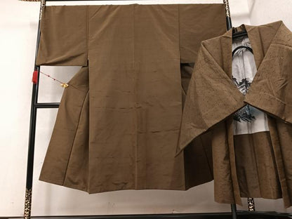 平和屋着物●男性 紬 アンサンブル 色無地 媚茶色 正絹 逸品 AABB0435ph
