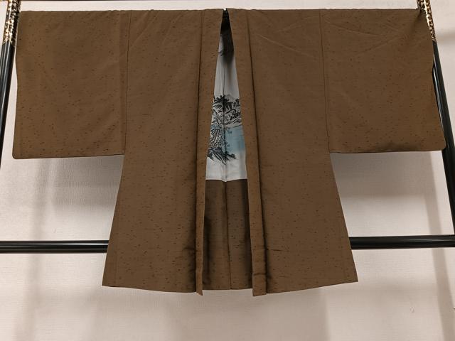 平和屋着物●男性 紬 アンサンブル 色無地 媚茶色 正絹 逸品 AABB0435ph