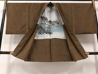 平和屋着物●男性 紬 アンサンブル 色無地 媚茶色 正絹 逸品 AABB0435ph