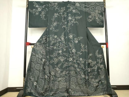 平和屋着物●お召 訪問着 中国三大刺繍 汕頭刺繍 スワトウ刺繍 道長更紗花唐草文 銀糸 正絹 逸品 未使用 AABB0459ck