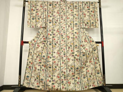 平和屋着物●上質な小紋　紬地　型染め　松竹　草花文　正絹　逸品　AABB0464ck