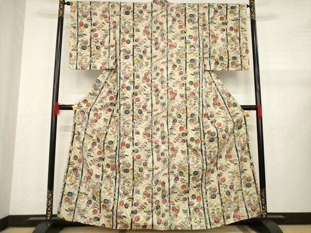 平和屋着物●上質な小紋　紬地　型染め　松竹　草花文　正絹　逸品　AABB0464ck