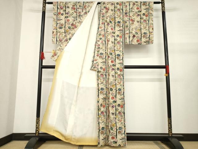 平和屋着物●上質な小紋　紬地　型染め　松竹　草花文　正絹　逸品　AABB0464ck