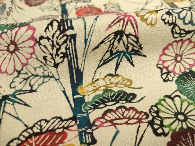 平和屋着物●上質な小紋　紬地　型染め　松竹　草花文　正絹　逸品　AABB0464ck