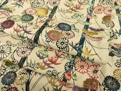 平和屋着物●上質な小紋　紬地　型染め　松竹　草花文　正絹　逸品　AABB0464ck