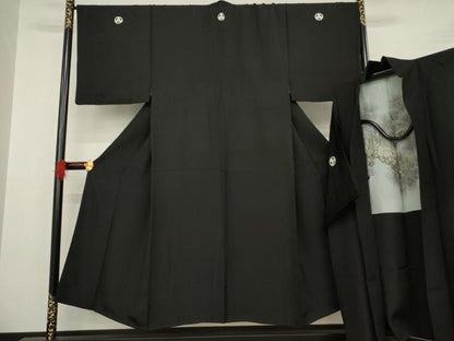 平和屋着物●男性 黒紋付 羽織セット 正絹 逸品 AABB0480ck