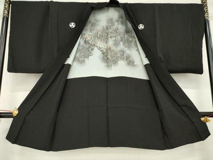 平和屋着物●男性 黒紋付 羽織セット 正絹 逸品 AABB0480ck