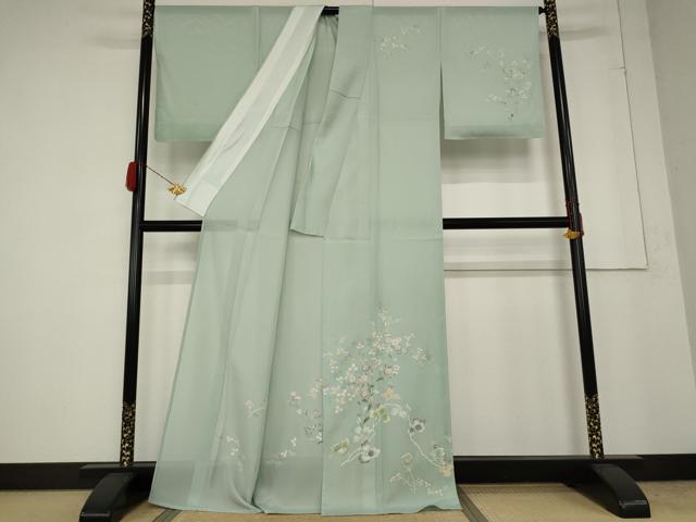 平和屋着物＊夏物　訪問着　絽　枝花文　銀彩　正絹　逸品　AABB0483st