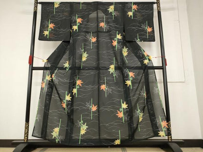 平和屋着物＊夏物 小紋 絽 楓 黒地 洗える着物 AABB0492st