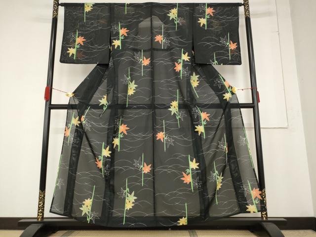 平和屋着物＊夏物 小紋 絽 楓 黒地 洗える着物 AABB0492st