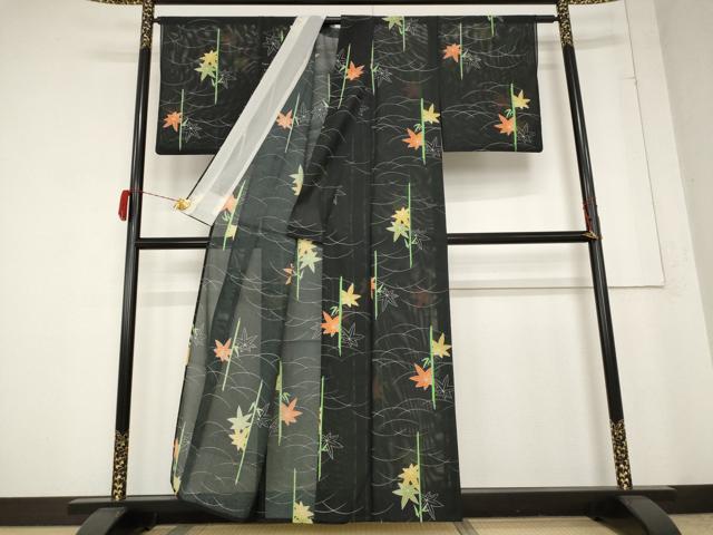 平和屋着物＊夏物 小紋 絽 楓 黒地 洗える着物 AABB0492st