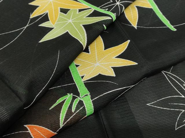 平和屋着物＊夏物 小紋 絽 楓 黒地 洗える着物 AABB0492st