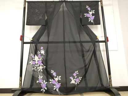 平和屋着物＊夏物 訪問着 絽 草花文 黒地 洗える着物 AABB0502st