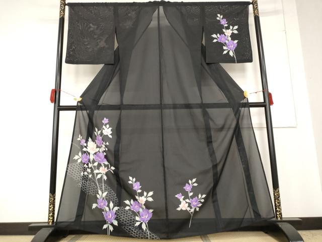平和屋着物＊夏物 訪問着 絽 草花文 黒地 洗える着物 AABB0502st