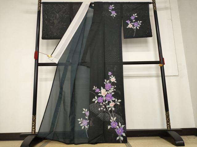 平和屋着物＊夏物 訪問着 絽 草花文 黒地 洗える着物 AABB0502st