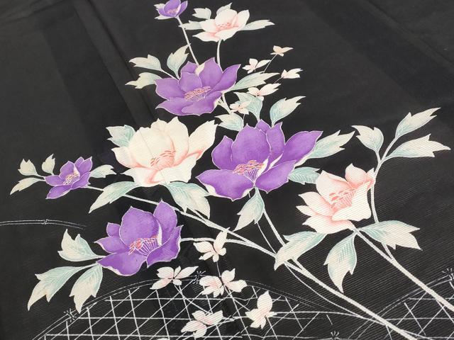 平和屋着物＊夏物 訪問着 絽 草花文 黒地 洗える着物 AABB0502st