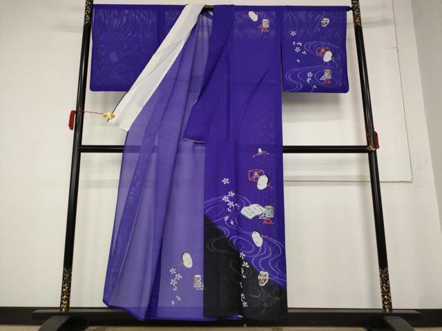 平和屋着物＊夏物 訪問着 絽 おかめ 般若 黒地 洗える着物 AABB0503st