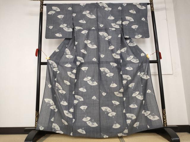平和屋着物＊夏物　紗紬　舞扇文　正絹　逸品　AABB0514st