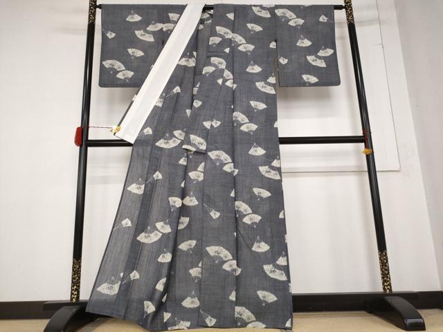 平和屋着物＊夏物　紗紬　舞扇文　正絹　逸品　AABB0514st
