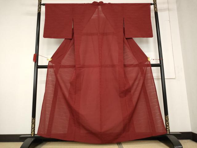 平和屋着物＊夏物 色無地 芝紋紗 茜色 洗える着物 AABB0518st