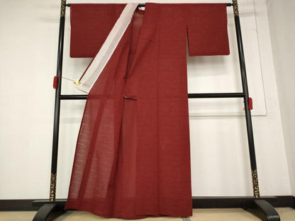 平和屋着物＊夏物 色無地 芝紋紗 茜色 洗える着物 AABB0518st