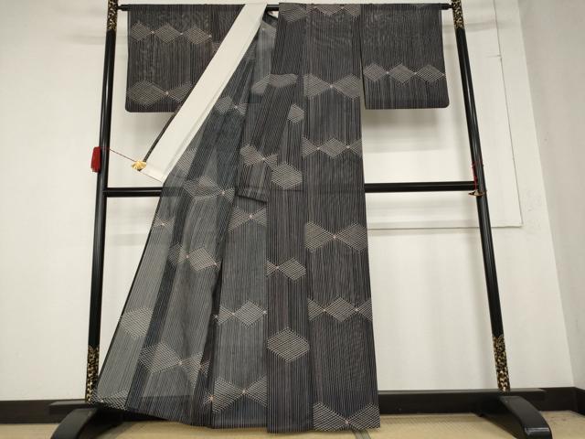 平和屋着物＊夏物　小紋　絽　変わり縞　黒地　洗える着物　AABB0520st