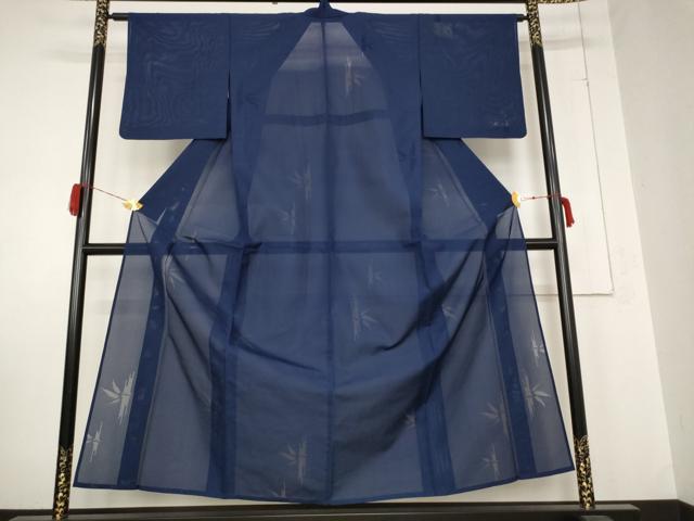 平和屋着物＊夏物 色無地 縦絽 笹竹紋紗 紺青色 正絹 逸品 AABB0541st