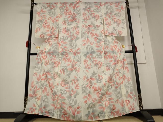 平和屋着物＊夏物 小紋 絽 枝葉文 銀彩 正絹 逸品 AABB0551st
