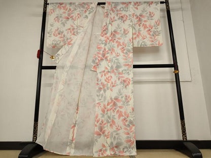 平和屋着物＊夏物 小紋 絽 枝葉文 銀彩 正絹 逸品 AABB0551st