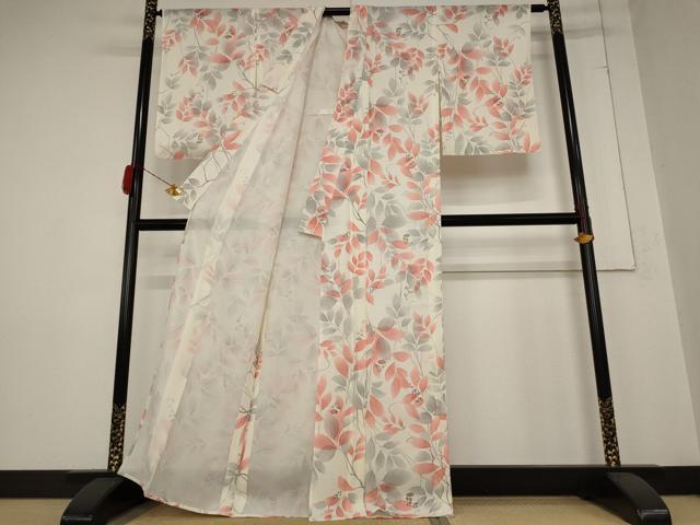 平和屋着物＊夏物 小紋 絽 枝葉文 銀彩 正絹 逸品 AABB0551st