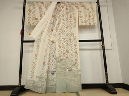 平和屋着物＊夏物 訪問着 絽 駒刺繍 流水花鳥文 金彩 正絹 逸品 AABB0580st
