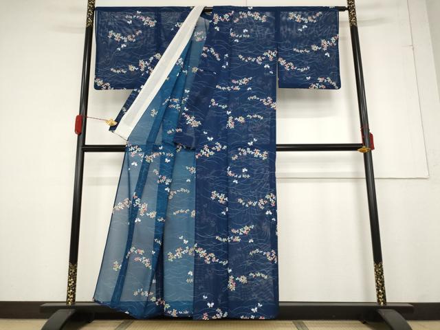 平和屋着物＊夏物 小紋 絽 花蝶文 洗える着物 AABB0607st