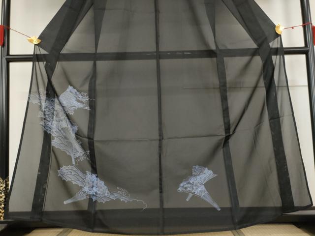 平和屋着物＊夏物 訪問着 絽 流水扇面花文 黒地 洗える着物 AABB0609st