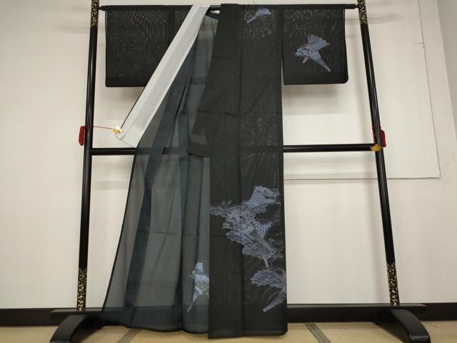 平和屋着物＊夏物 訪問着 絽 流水扇面花文 黒地 洗える着物 AABB0609st