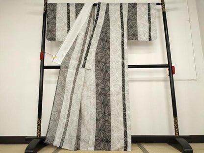 平和屋着物＊夏物 小紋 絽 麻の葉文様 洗える着物 AABB0612st