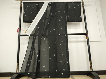 平和屋着物＊夏物 小紋 紗 花丸文 黒地 洗える着物 AABB0624st