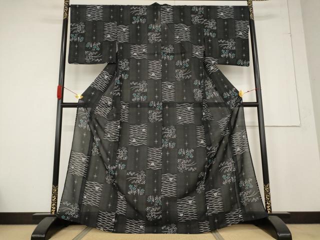平和屋着物＊夏物 小紋 絽 紅梅織 市松草花文 黒地 洗える着物 AABB0626st