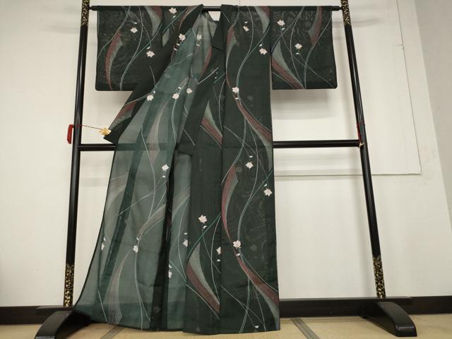 平和屋着物＊夏物 小紋 絽 草花文 黒地 洗える着物 AABB0634st