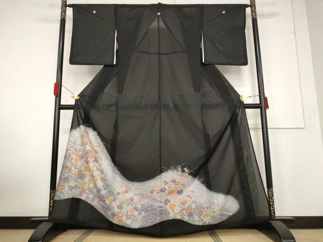 平和屋着物＊夏物 黒留袖 絽 草花文 暈し染め 洗える着物 未使用 AABB0636st