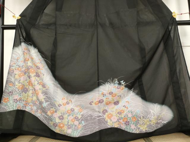 平和屋着物＊夏物 黒留袖 絽 草花文 暈し染め 洗える着物 未使用 AABB0636st