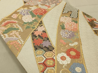 平和屋着物◎六通柄袋帯 唐織 孔雀花文 黒地 金銀糸 正絹 逸品 AABB0651ou