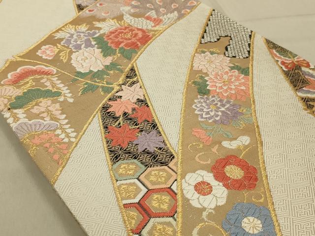 平和屋着物◎六通柄袋帯 唐織 孔雀花文 黒地 金銀糸 正絹 逸品 AABB0651ou
