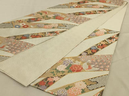 平和屋着物◎六通柄袋帯 唐織 孔雀花文 黒地 金銀糸 正絹 逸品 AABB0651ou