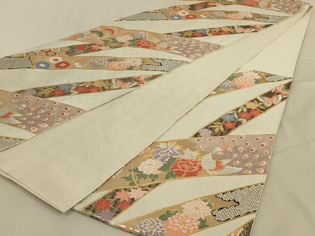 平和屋着物◎六通柄袋帯 唐織 孔雀花文 黒地 金銀糸 正絹 逸品 AABB0651ou