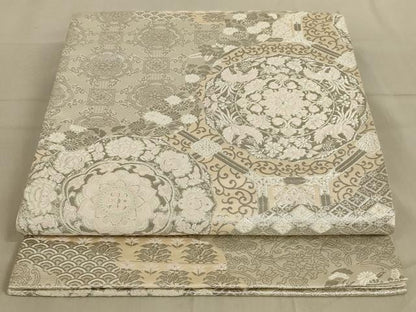 平和屋着物◎六通柄袋帯 鳳凰花文 銀糸 正絹 逸品 AABB0665ou