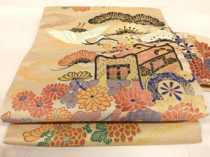 平和屋着物◎アンティーク　大正ロマン　九寸名古屋帯　唐織　御所車飛鶴花文　金糸　正絹　逸品　AABB0693uw
